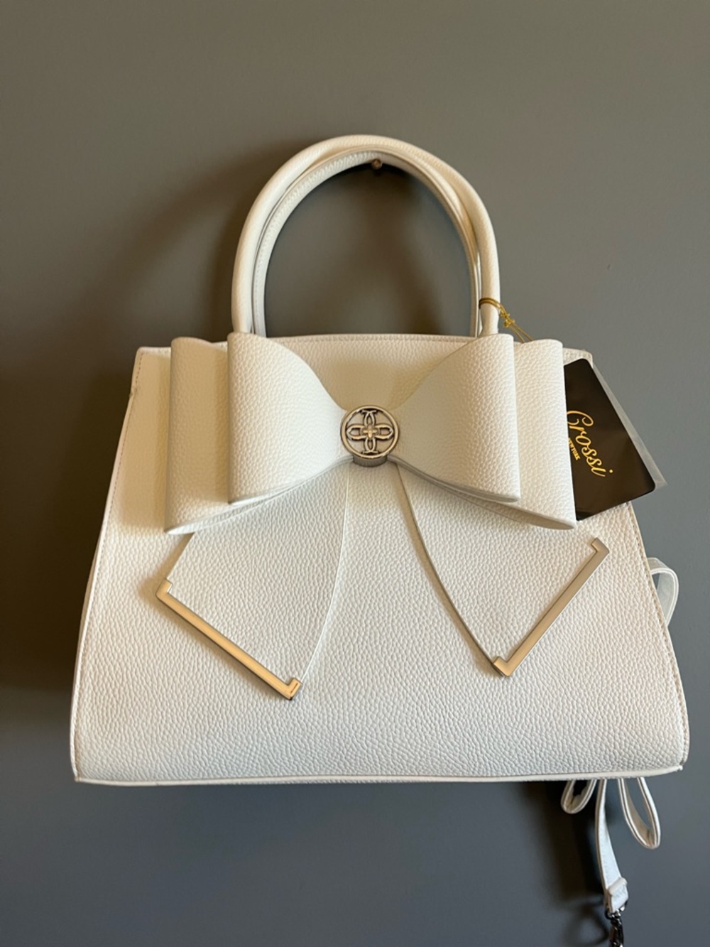 NWT  Crossi Crisp White Bow-Applique Shoulder/Crossbody Satchel